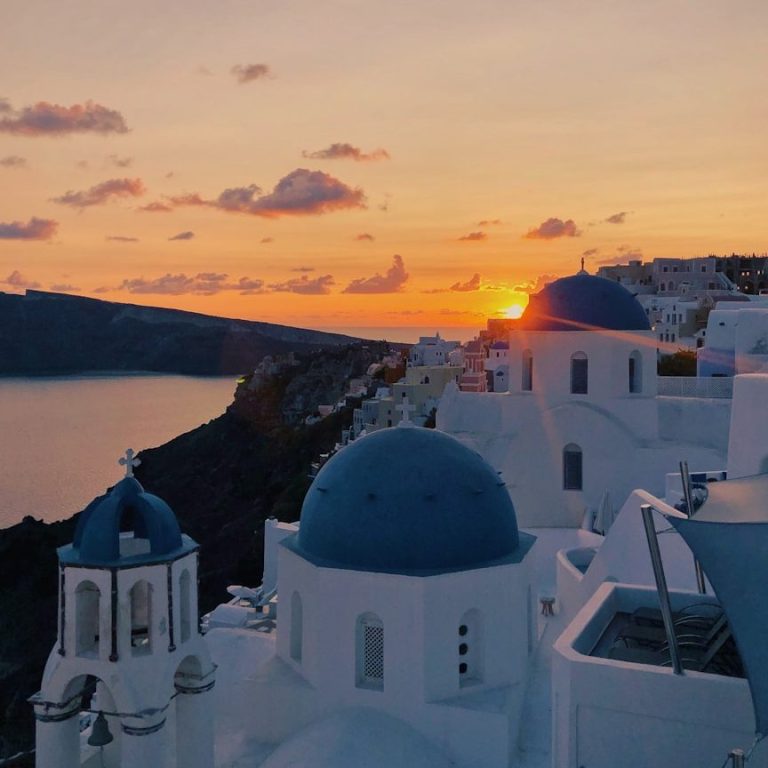 Greek island holiday with blue sea and traditional white buildings